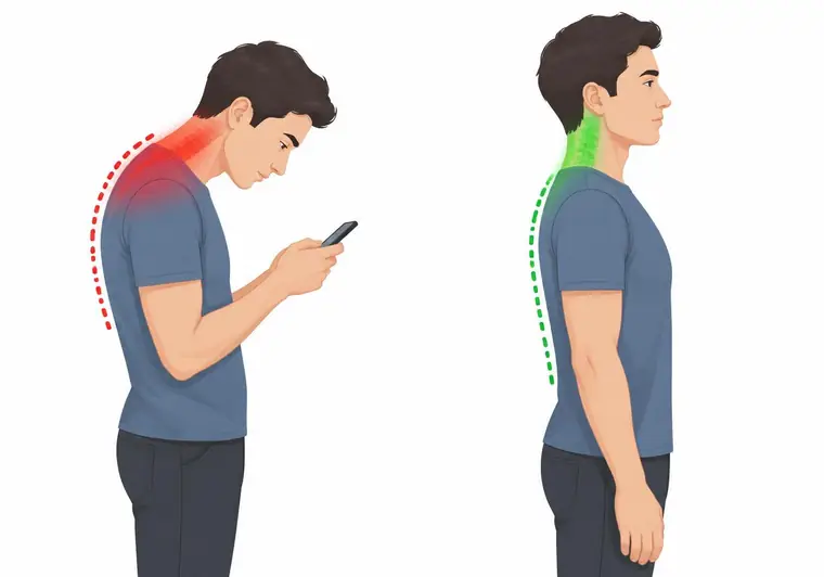 Comparação de postura: cabeça curvada sobre o celular com tensão em vermelho e postura alinhada em verde