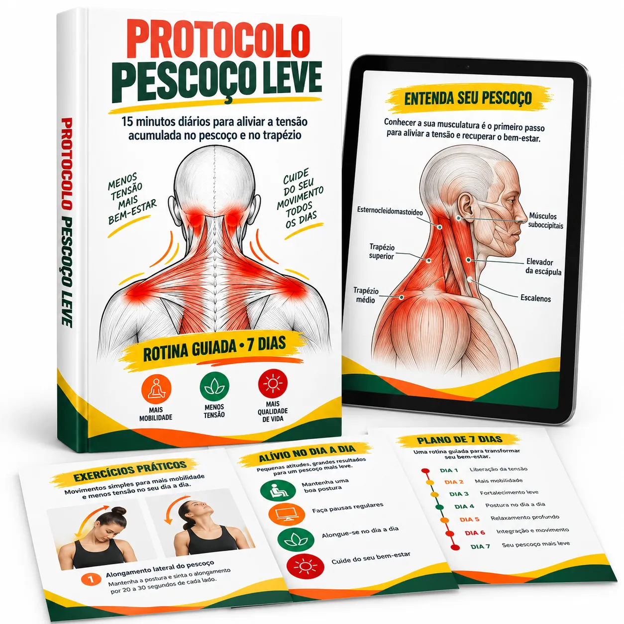 Protocolo Pescoço Leve: e-book, tablet com anatomia e plano de 7 dias