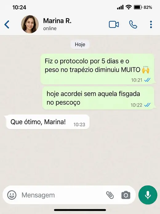 Print de conversa no WhatsApp: aluna relata menos peso no trapézio em 5 dias