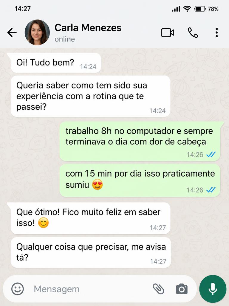 Print de conversa no WhatsApp: aluna relata fim das dores de cabeça