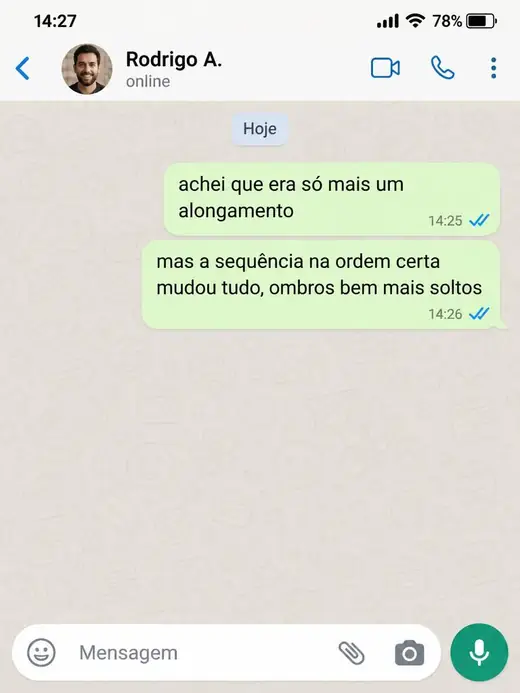 Print de conversa no WhatsApp: aluno relata ombros mais soltos
